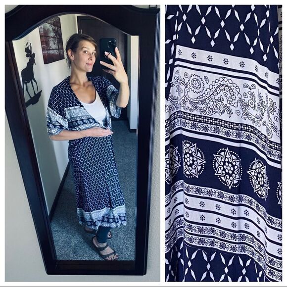 Kimono Duster Cardigan Navy White Floral Small Paisley Boho Rayon - Picture 6 of 7